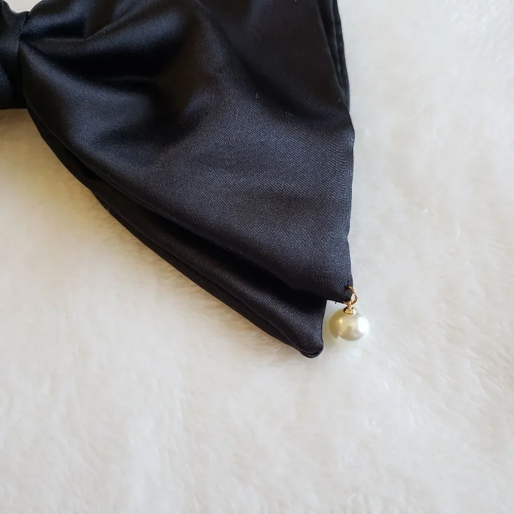 Black Satin Pearl Hair Bow